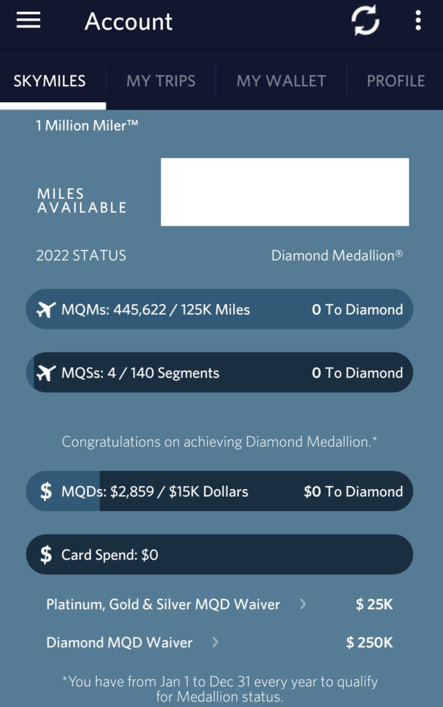 A Delta SkyMiles Diamond Medallion member's status was extended through January 2023.