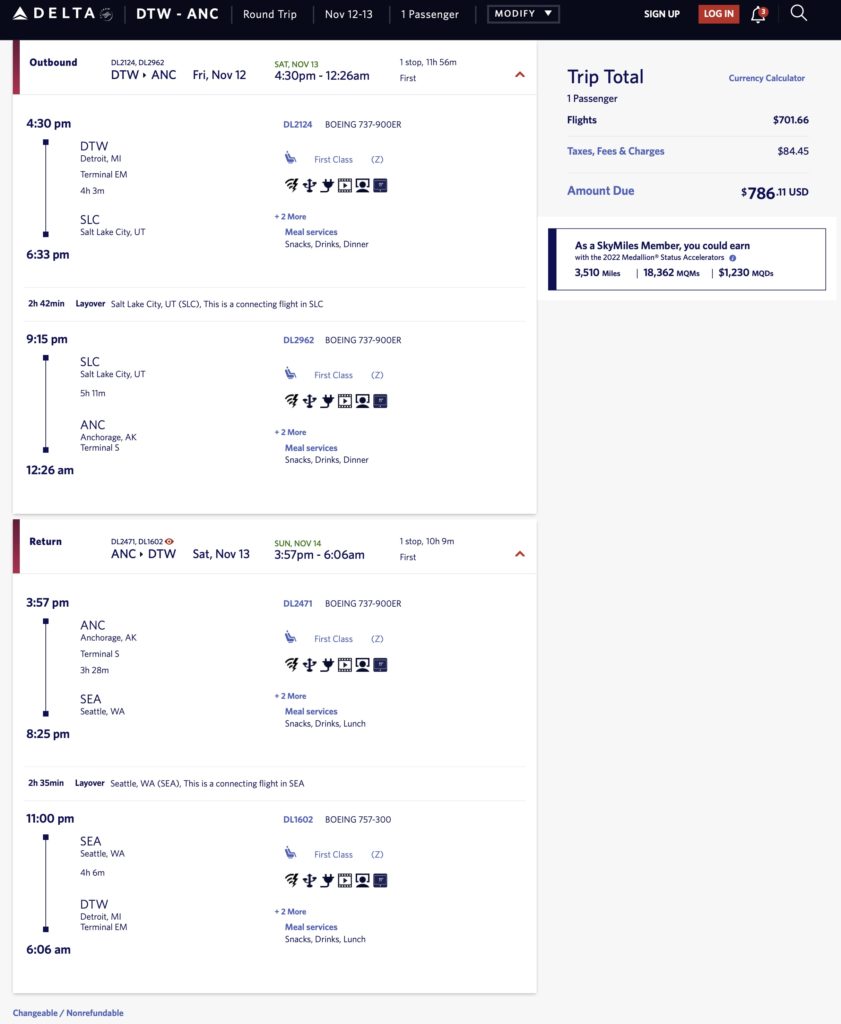 Delta first class mileage run from Detroit (DTW) to Anchorage (ANC) during fall 2021.