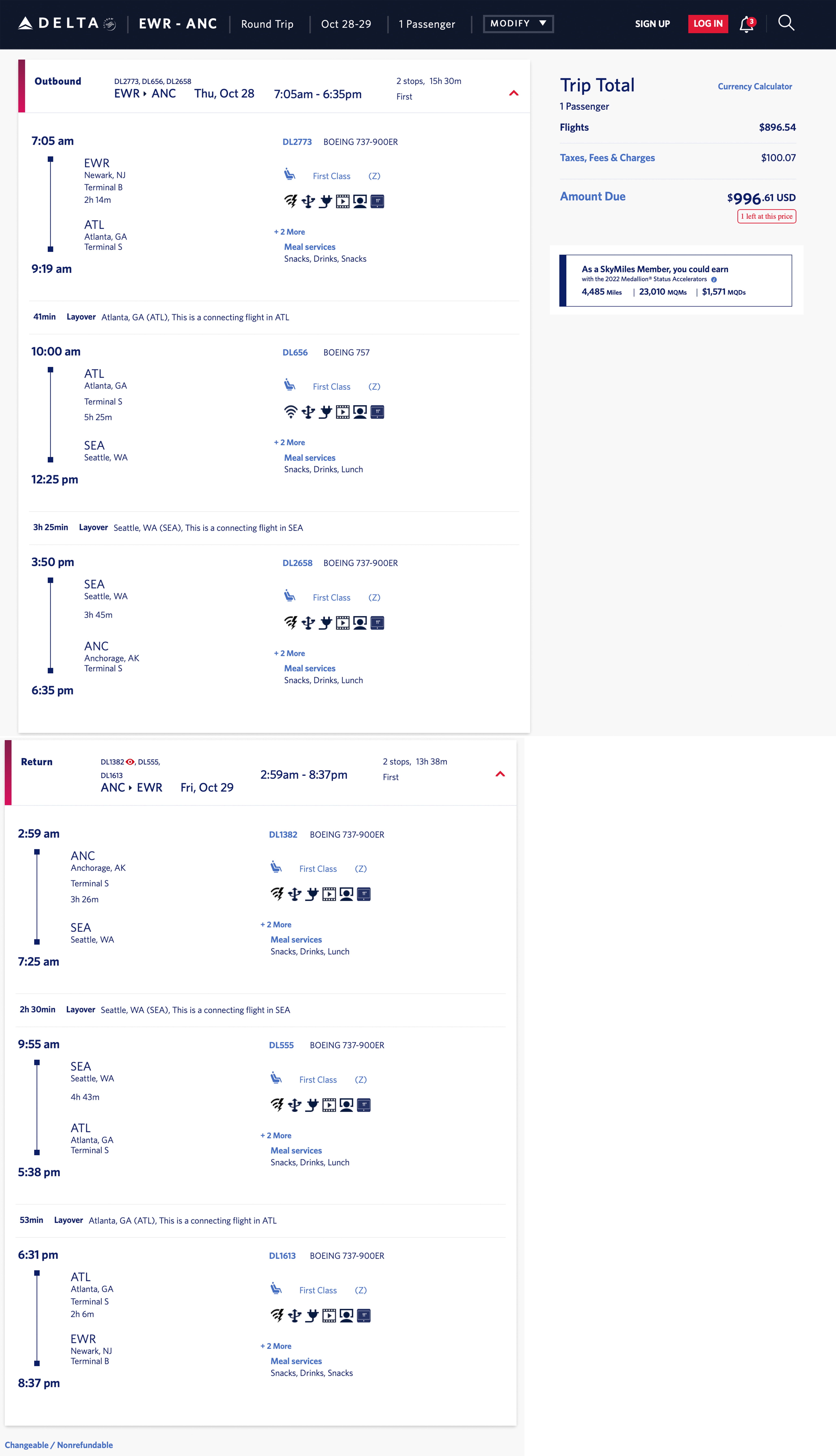 Newark to Anchorage Delta first class mileage run in October 2021