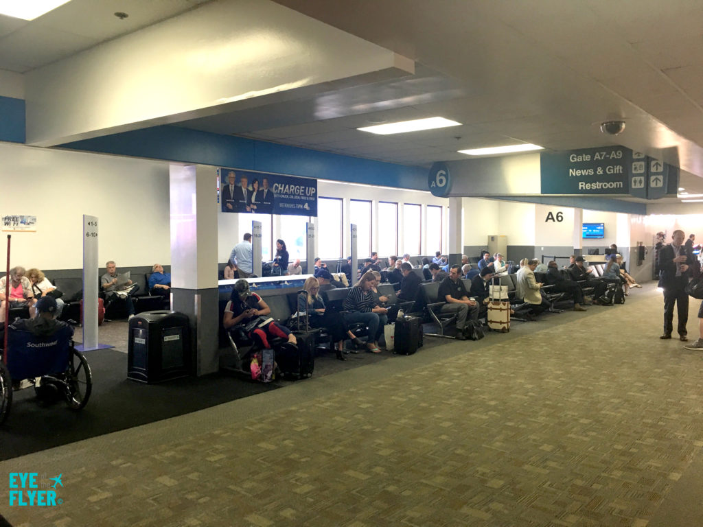 Passengers wait to board a Southwest Airlines flight at Gate A6 inside Terminal A at Hollywood Burbank Airport (BUR) in Burbank, California.