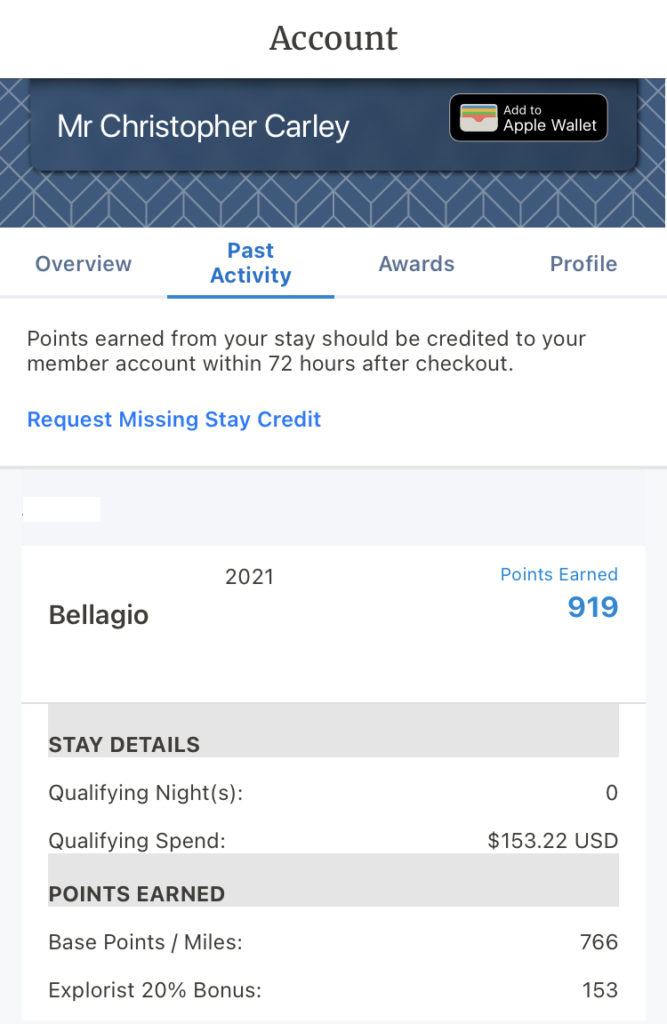 World of Hyatt points earned during a stay at Bellagio, an MGM Resorts M Life hotel.