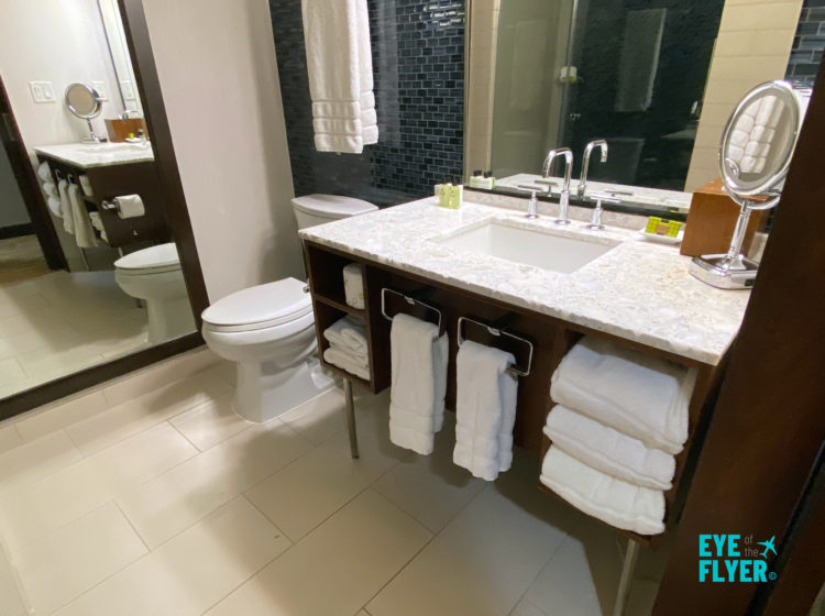 Deluxe guest room bathroom at the InterContinental New York Times Square Hotel