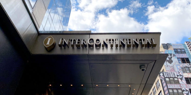 Entrance to the InterContinental Times Square Hotel New York in New York City's Manhattan borough. The hotel is an IHG Rewards property.
