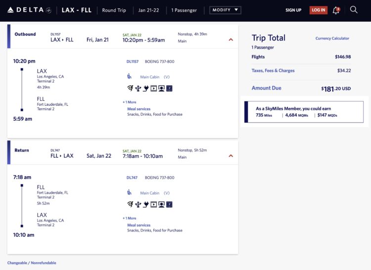 Los Angeles to Ft. Lauderdale Delta mileage run in January 2022