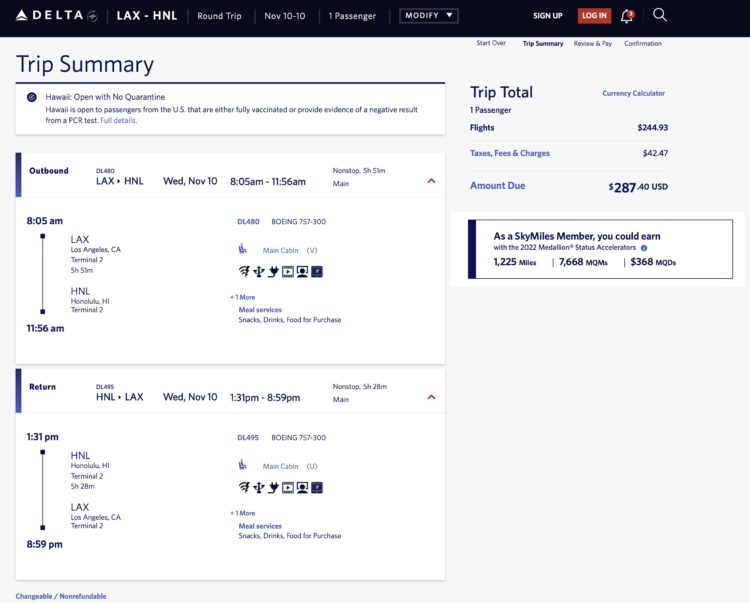 LAX to Honolulu Delta mileage run in November 2021