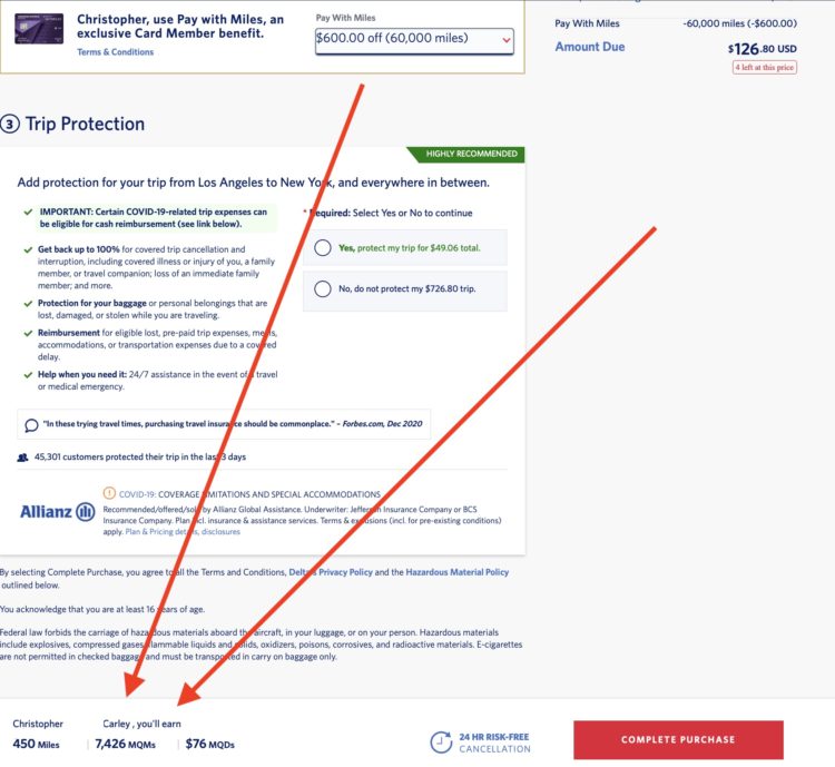"Accelerated" Delta Medallion earnings for an LAX to JFK roundtrip using the Pay With Miles feature.