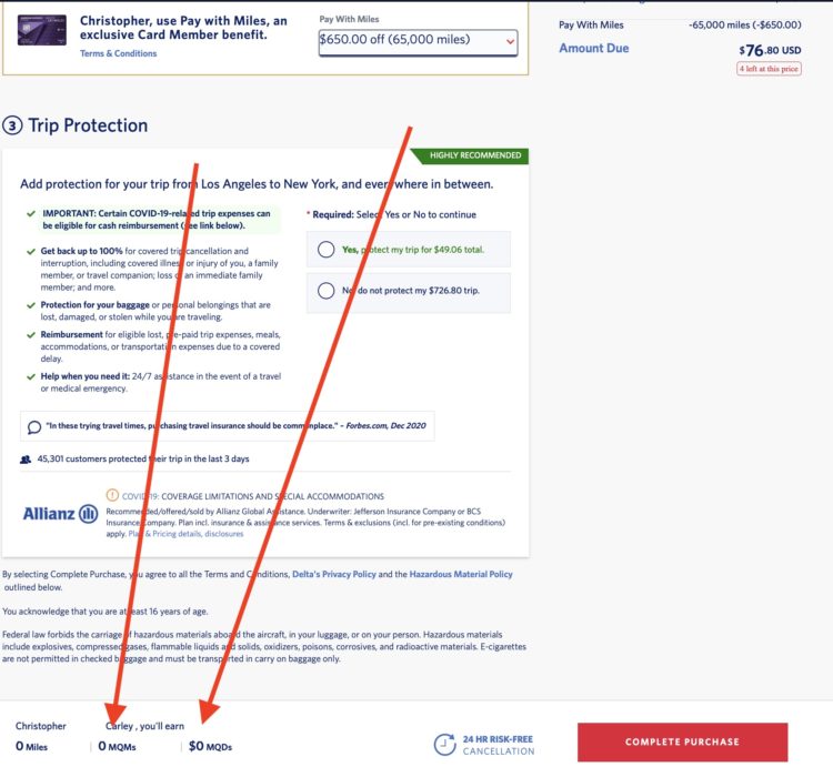 No MQM or MQD earnings on a Delta Medallion fare for an LAX to JFK roundtrip using the Pay With Miles feature.
