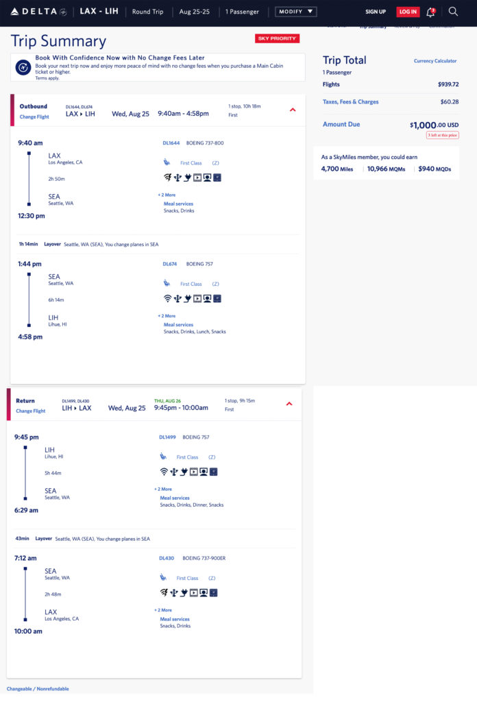 Delta mileage run from LAX to Lihue -- first class.