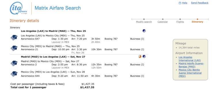 LAX to Madrid business class mileage run during Thanksgiving 2021.