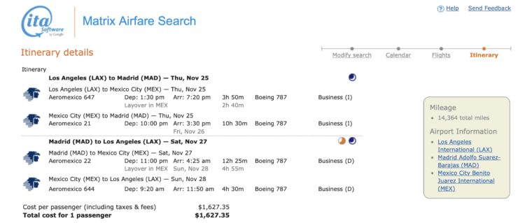 LAX to Madrid business class mileage run during Thanksgiving 2021.
