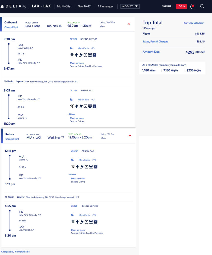 Delta elite mileage run: LAX to MIA via JFK on November 16.