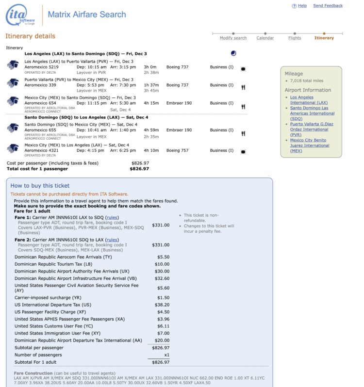 Los Angeles (LAX) to Santo Domingo (SDQ) AeroMexico mileage run for Delta MQD and MQM.