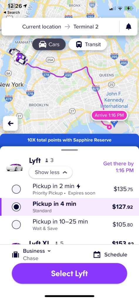 Lyft from W Times Square in Manhattan to JFK airport.