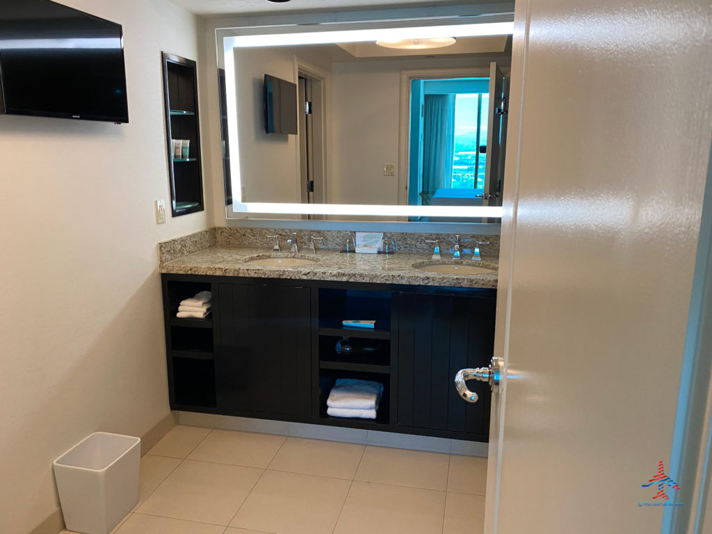 The bathroom sinks and mirror are seen inside a Delano Stay Well Suite at Delano Las Vegas, an MGM Resorts hotel part of the Mandalay Bay Resort Casino complex near the Las Vegas Strip in Paradise, Nevada.