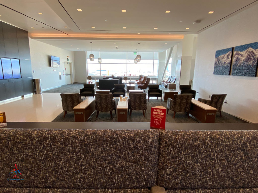 A work bar and other seating options are seen during a visit to the Delta Sky Club Salt Lake City inside Terminal A of Salt Lake City International Airport (SLC). (Photo ©RenesPoints.com)
