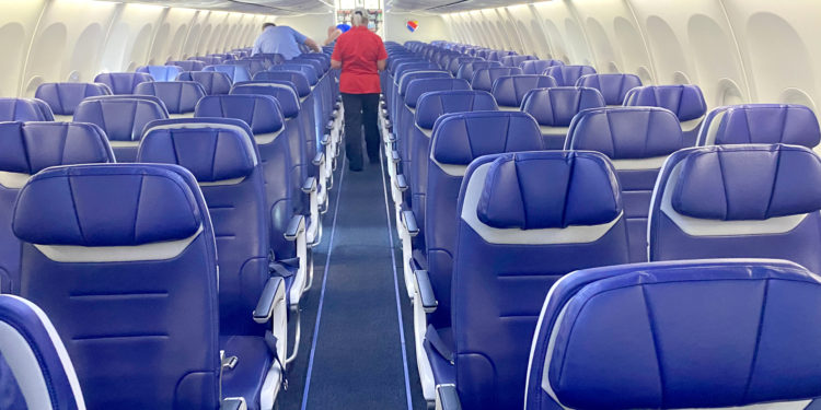 The interior of a Southwest Airlines 737