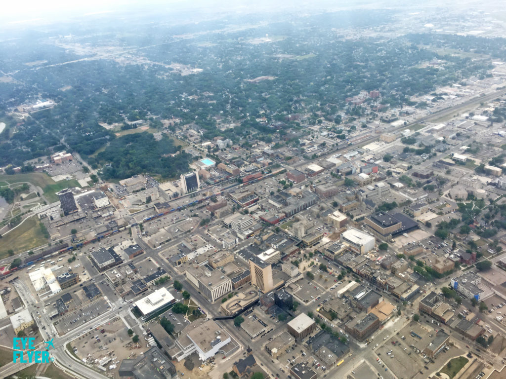 An aerial view of downtown Fargo, ND, is seen from a plane that took off from Hector International Airport (FAR).