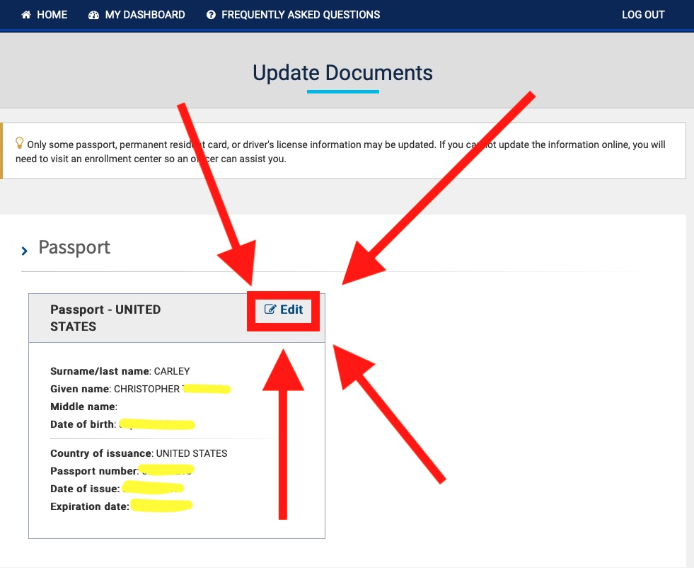 Update your passport information on the Global Entry's website.