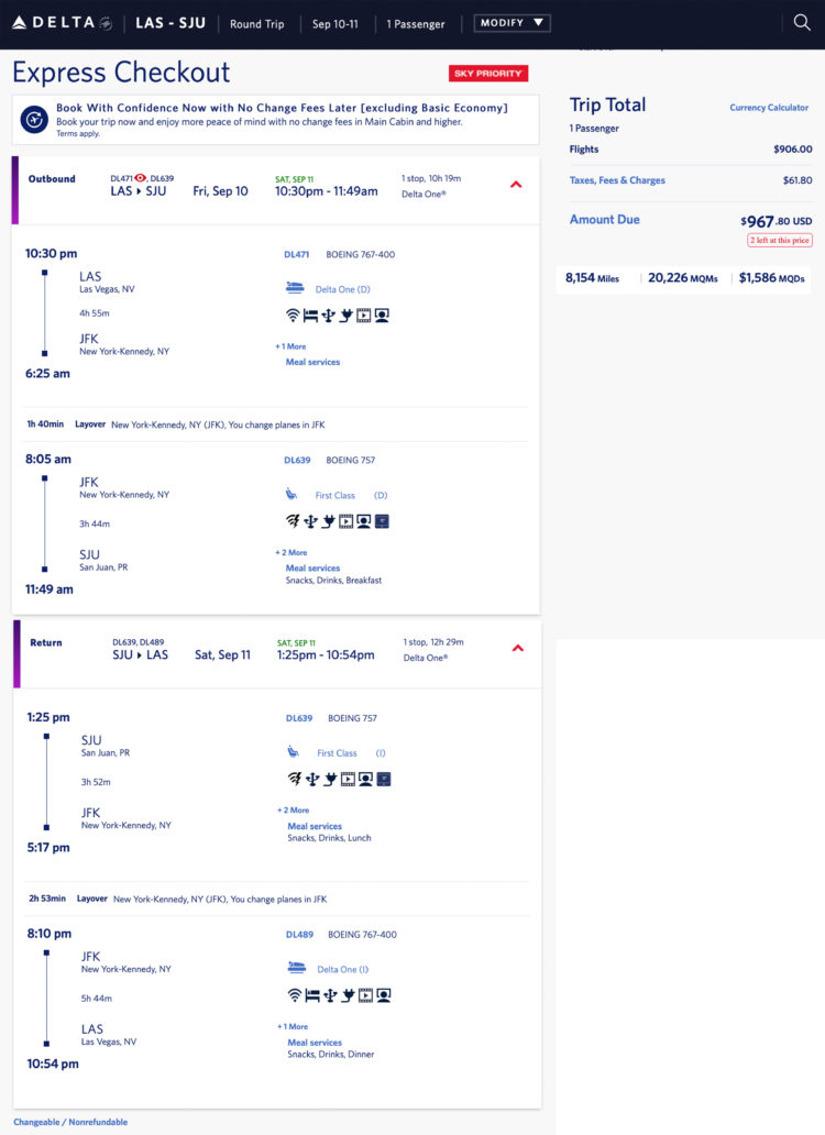 Delta First Class (Delta One!) Elite Mileage Run -- Las Vegas (LAS) to San Juan (SJU): 20,226 MQM at 4.8 CPM!