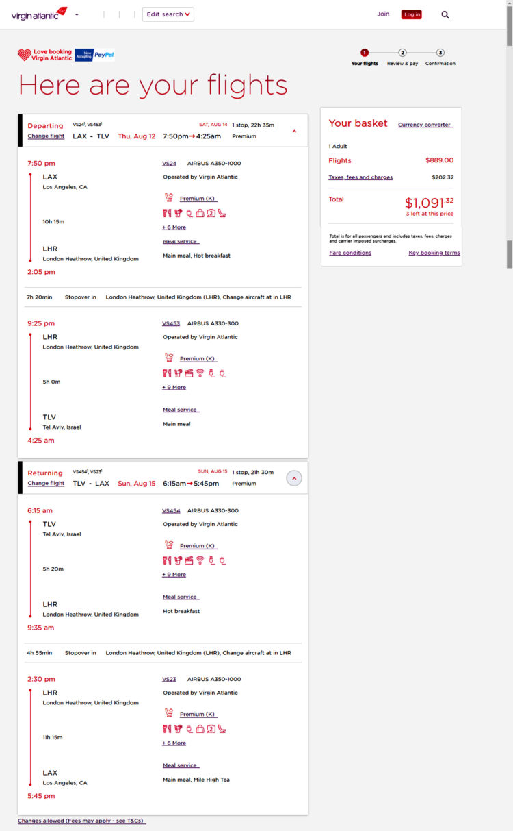 Virgin Atlantic Premium Economy long weekend run from Los Angeles (LAX) to Tel Aviv, Israel (TLV).