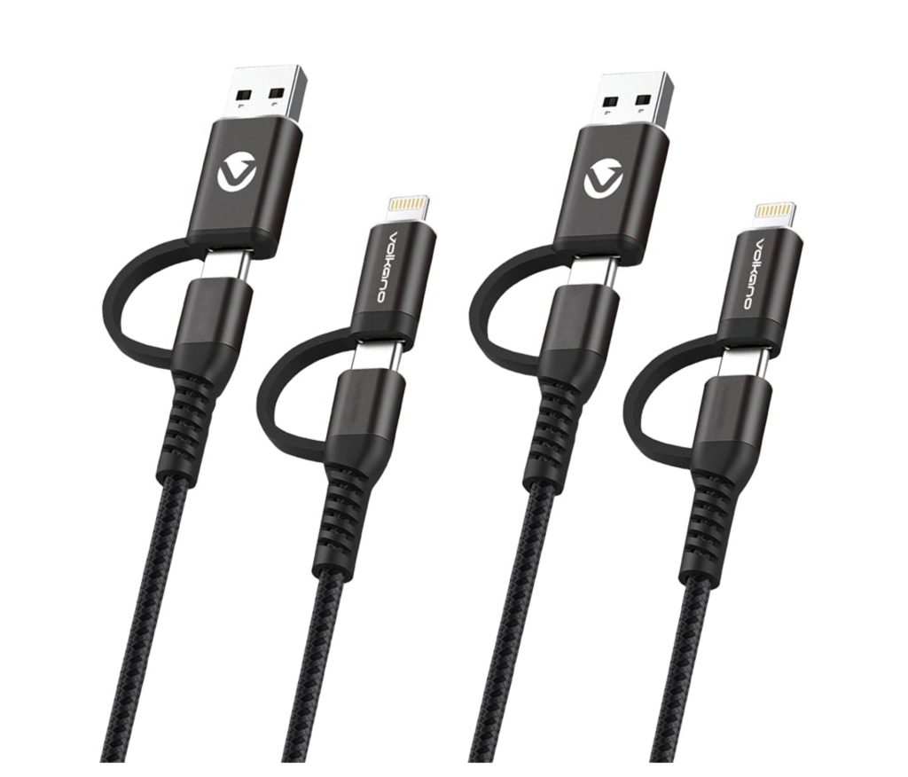 Volkano 4-in-1 60W USB Type-C/Lightning Cable, Reinforced Charge and Data Cord, High-Speed Data Transfer, and Fast Charging, Compatible with MacBook/iPad/iPhone/Laptop/Tablet [Black] Weave Series