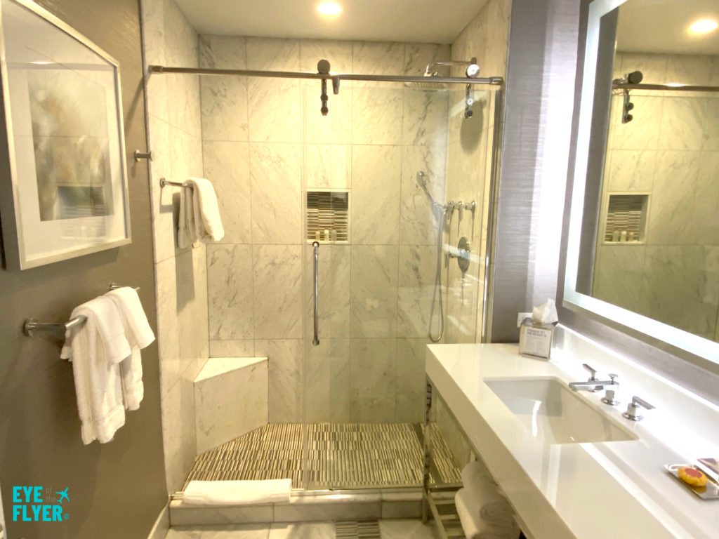 Bathroom inside a King Premier Room at the Kimpton Muse Hotel near Times Square in New York