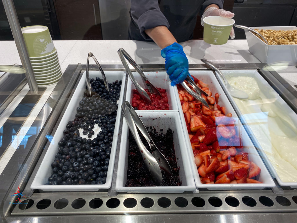 Yogurt and fruit toppings are seen on the breakfast buffet during a visit the Delta Sky Club (F/G gates) in the Minneapolis-St. Paul International Airport (MSP) in Bloomington, Minnesota.