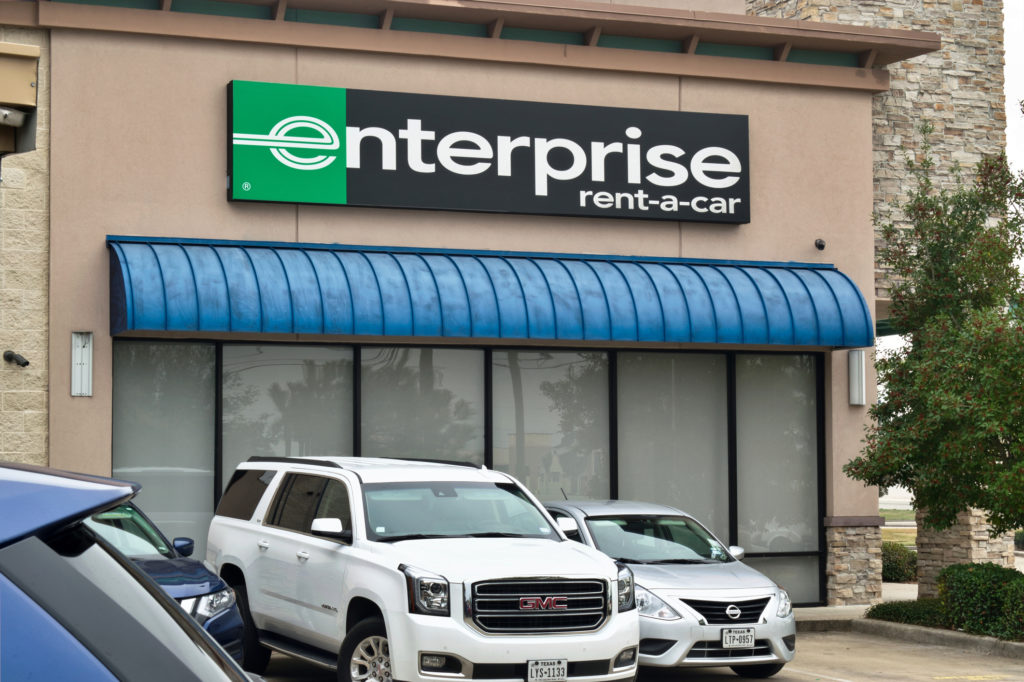 Humble, Texas/USA 01/01/2020: Enterprise rent-a-car business exterior in Humble, TX. An American car rental company founded in 1957 St. Louis Missouri. Second-largest car rental company in the USA.