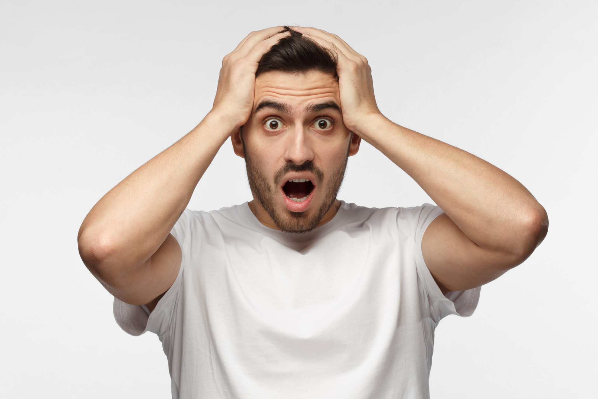 Closeup portrait of emotional man isolated on gray background with ...