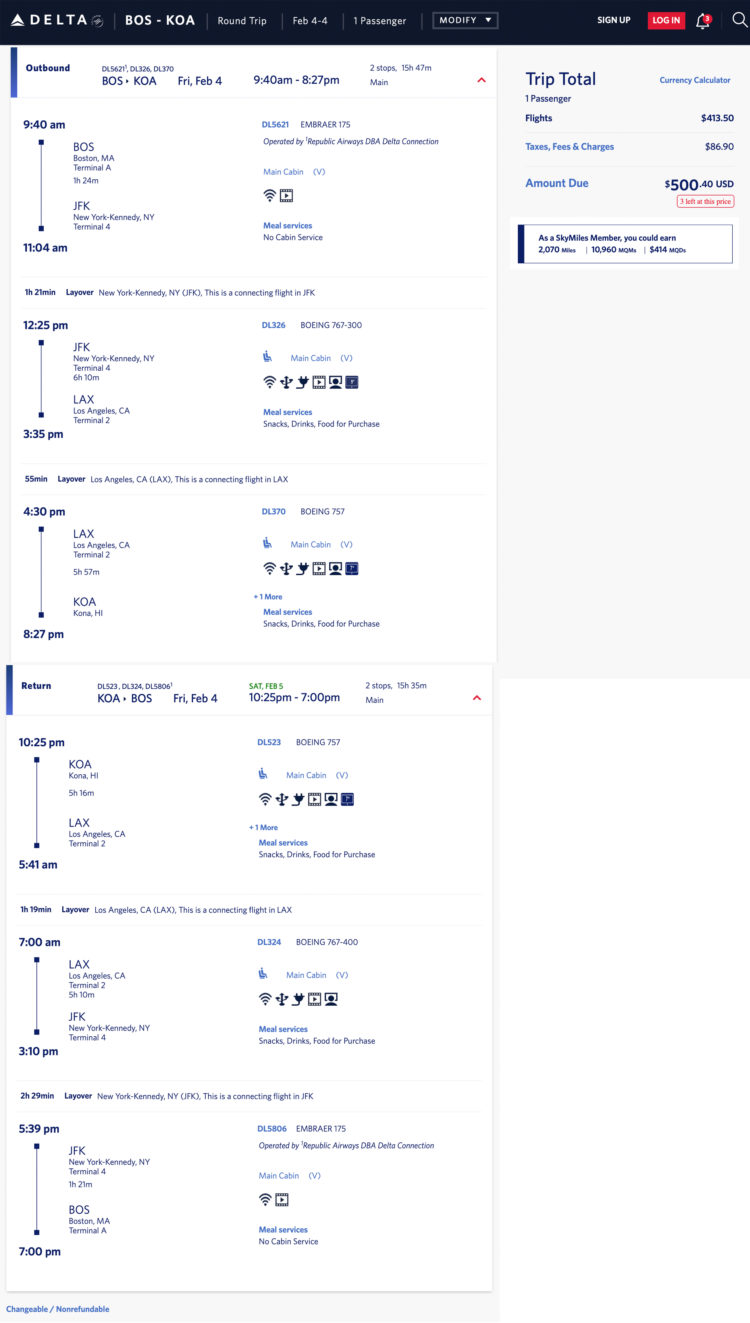 Delta mileage run from Boston to Kona, Hawaii