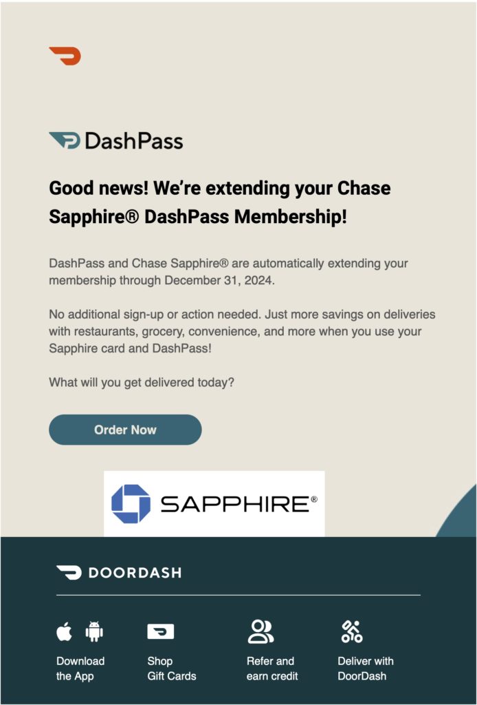 Complimentary DoorDash DashPass subscriptions for Chase Sapphire Reserve® cardholders apparent were extended through 2024!