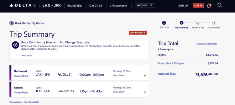 Delta One LAX to JFK non-refundable fare