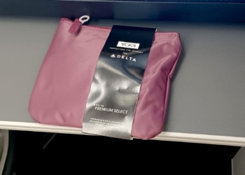 A Delta Air Lines Tumi amenity kit is seen on an AeroMexico flight.