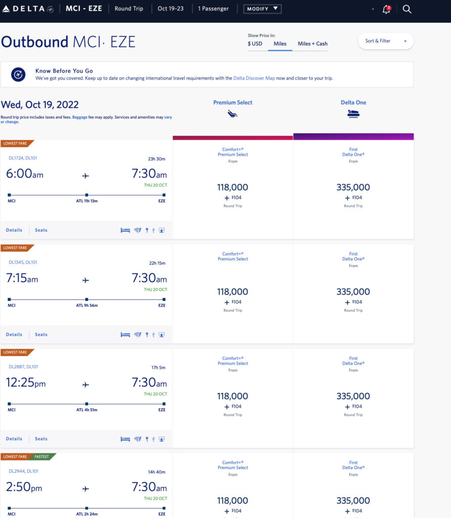 Kansas City (MCI) to Buenos Aires (EZE) prices for Delta One and Premium Select