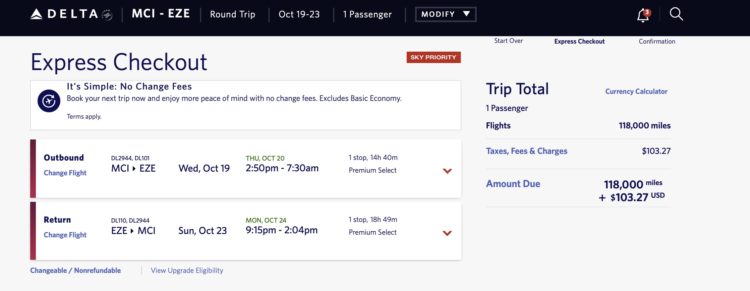 Kansas City (MCI) to Buenos Aires (EZE) price for Premium Select