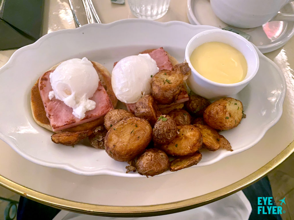 Eggs Benedict and potatoes are severed Primrose restaurant inside Park MGM in Paradise, Nevada, near the Las Vegas Strip.