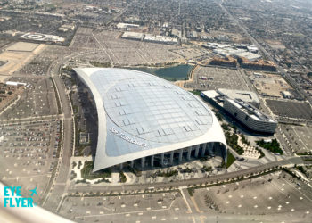 SoFi Stadium in Inglewood, California, is seen from a flight on approach to Los Angeles International Airport (LAX).
