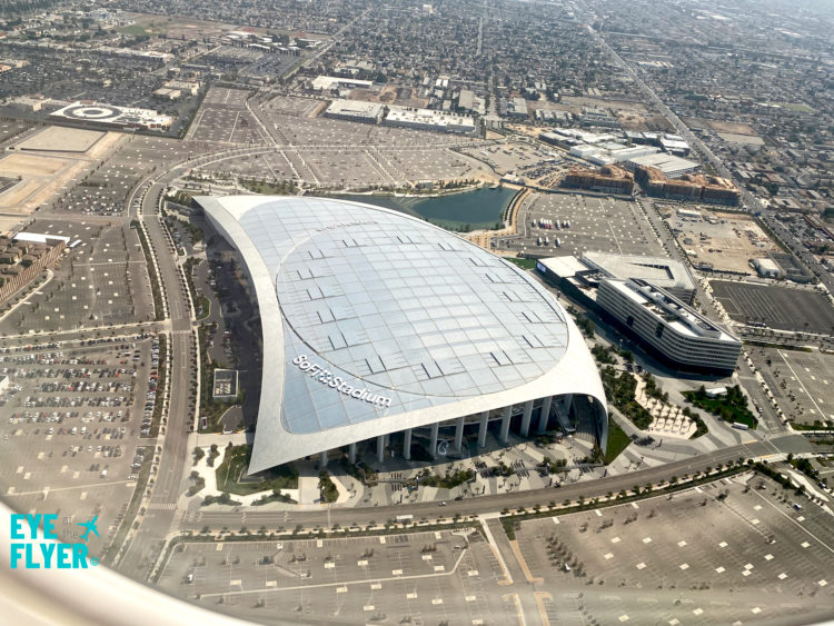 SoFi Stadium in Inglewood, California, is seen from a flight on approach to Los Angeles International Airport (LAX).