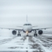 Airliner on a runway in snowy weather, a blizzard.