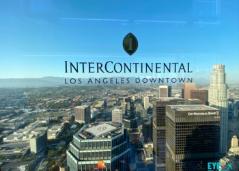 View from the rooftop restaurant and bar at InterContinental Los Angeles Downtown in Los Angeles, California.