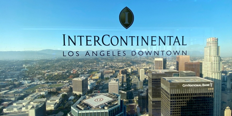 View from the rooftop restaurant and bar at InterContinental Los Angeles Downtown in Los Angeles, California.