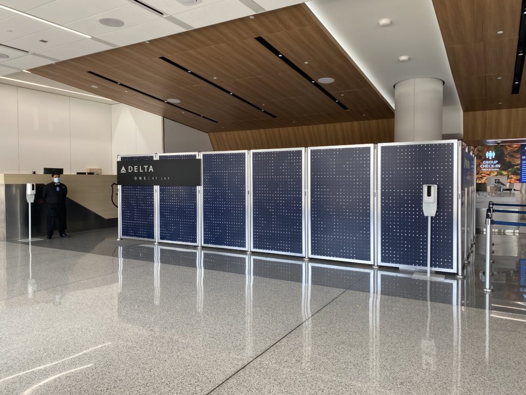 a row of blue panels in a room