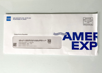 a white envelope with blue text