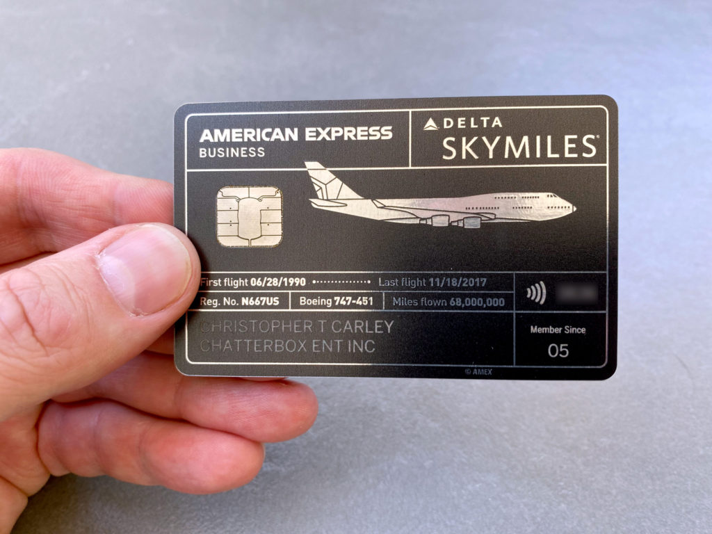 A Delta SkyMiles® Reserve American Express Card partially made from a retired 747 aircraft.
