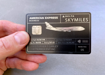 A Delta SkyMiles® Reserve American Express Card partially made from a retired 747 aircraft.