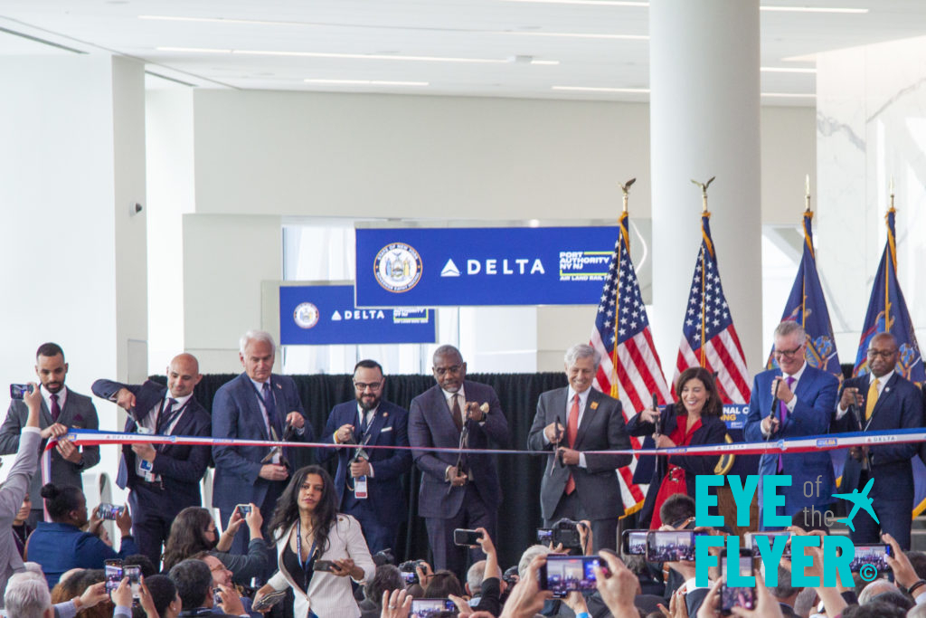 Special guests cut a ceremonial ribbon during the dedication of Delta Air Lines' new Terminal C at LaGuardia Airport in Queens, New York (LGA).