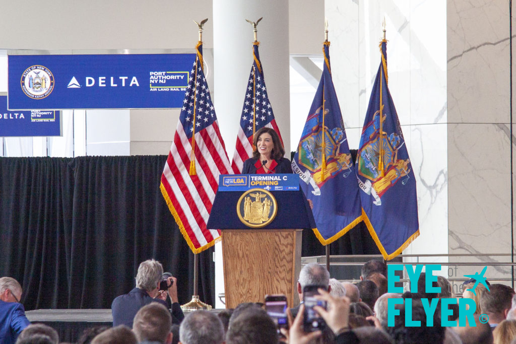 Governor Kathy Hochul (D-NY) speaks onstage during the dedication of Delta Air Lines' new Terminal C at LaGuardia Airport in Queens, New York (LGA).
