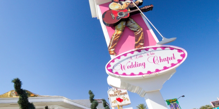 Las Vegas, Nevada, USA - May 7, 2012: Landmark Little White Wedding Chapel in Las Vegas NV seen on May 12, 2012. Established in 1951, it is the site of many "quickie" celebrity weddings in Las Vegas.