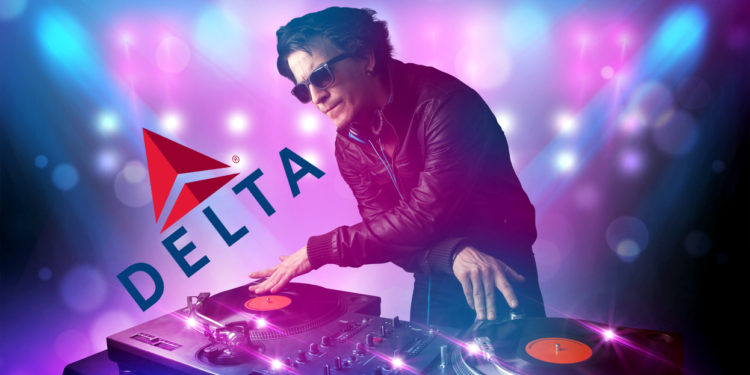 A DJ performs next a superimposed Delta Air Lines logo. (Delta Air Lines logo property of Delta Air Lines. DJ image ©iStock.com/ra2studio. Eye of the Flyer composite.)