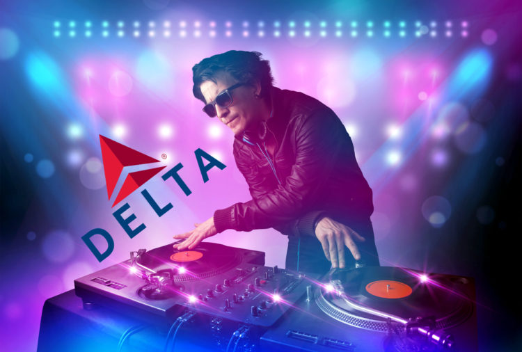 A DJ performs next a superimposed Delta Air Lines logo. (Delta Air Lines logo property of Delta Air Lines. DJ image ©iStock.com/ra2studio. Eye of the Flyer composite.)